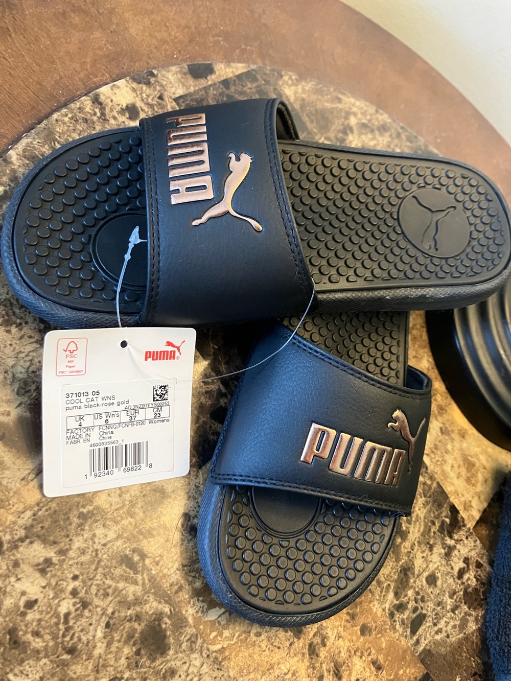Puma Black Slides with Metallic Rose Accents - Picture 2 of 4